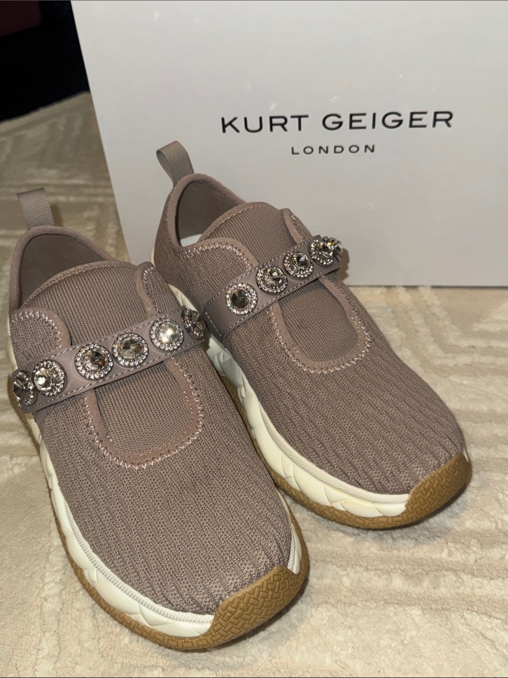 Kurt Geiger Wowans Taupe Slip-On Knit Sneakers with Jeweled Strap